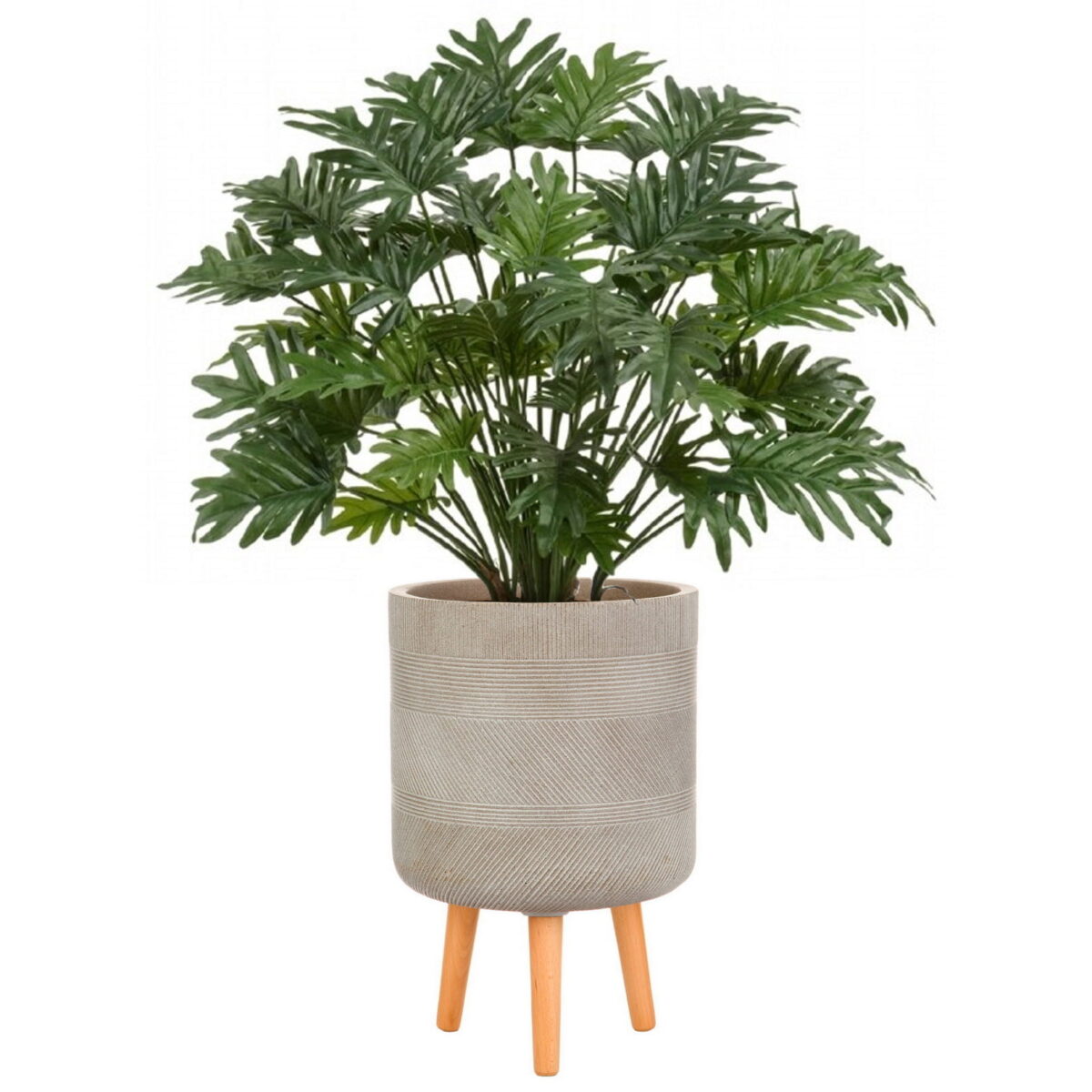 Филодендрон Ксанаду искусственный в кашпо IDEALIST Страйп, цвет кофе с молоком. Общая высота - 90 см.