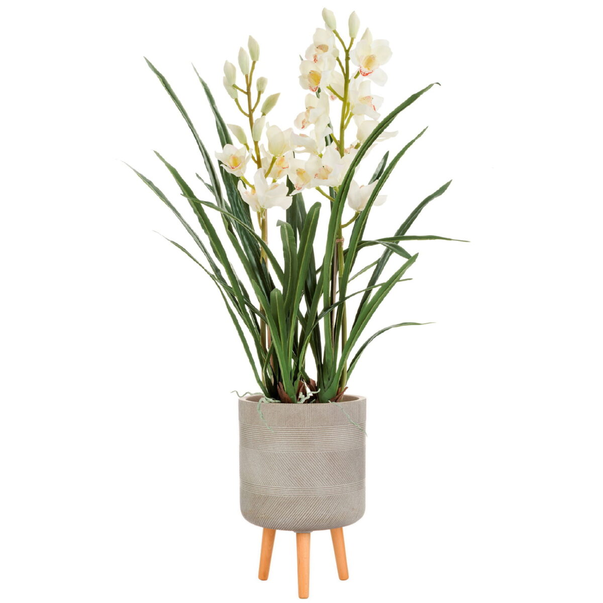 Цимбидиум искусственный в кашпо IDEALIST Страйп, цвет кофе с молоком. Общая высота - 115 см.
