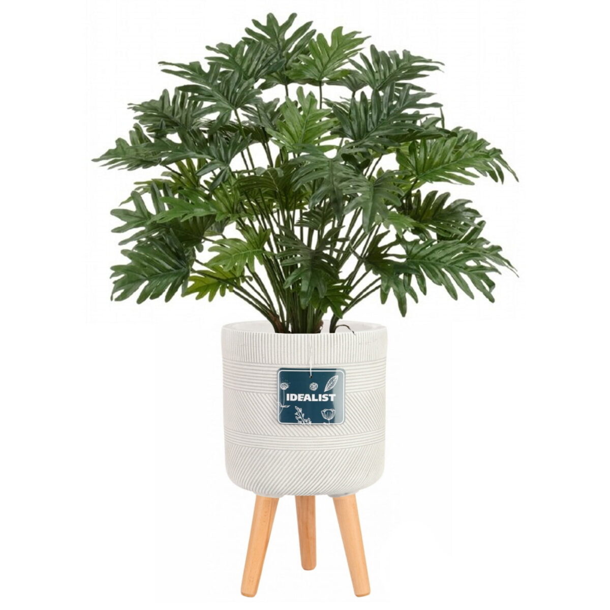 Филодендрон Ксанаду искусственный в кашпо IDEALIST Страйп, цвет айвори. Общая высота - 90 см.