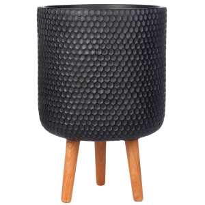 HON-CLNDR-BLK-31 Кашпо Ханни Круглое с подставкой, файберстоун, черное,D31H47 cm